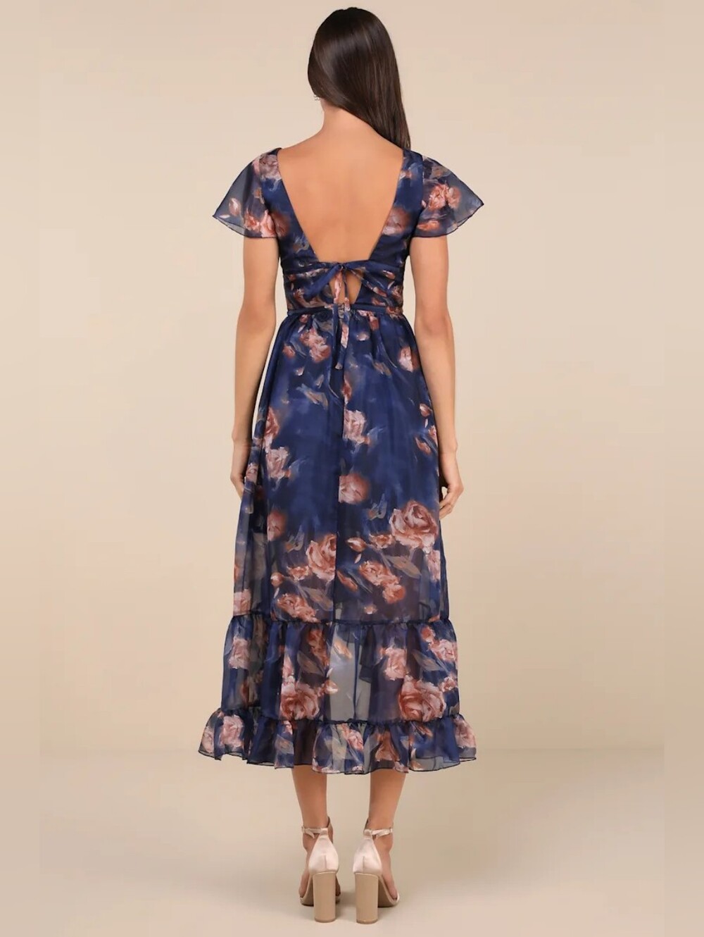 Lulus Floral Navy V-Neck Ruffle Midi Dress - Picture 3 of 13